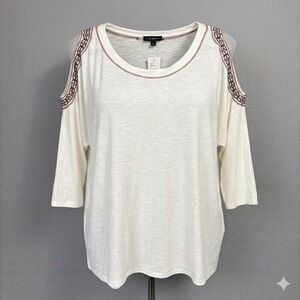 NWT Lane Bryant Top 18/20 Embroidered Open Shoulder Cream Stretch Boho Peasant